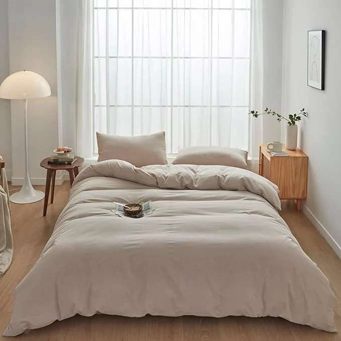 Crafted FACE TWO FACE Bedding Duvet Cover Set Washed Cotton Duvet Cover Linen Like Textured Breathable Durable Soft Comfy California King Tannish Linen Grey High-Performance