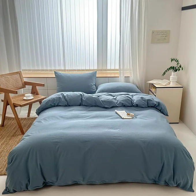Proven FACE TWO FACE Bedding Duvet Cover Set Washed Cotton Duvet Cover Linen Like Textured Breathable Durable Soft Comfy King Deep Gray Blue Convenient