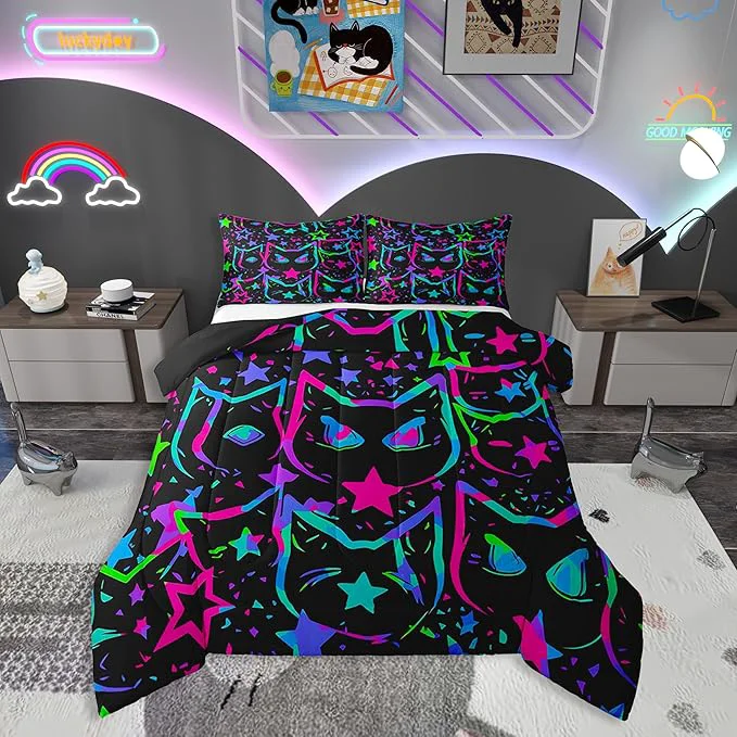 Unique Erosebridal Halloween Cat Bedding Black Cat Comforter Set for Kids Girls Boys Teens Ombre Glowing Neon Stars Down Comforter Kawaii Cartoon Kitten Duvet Insert Gradient Galaxy Quilt Full Soft
