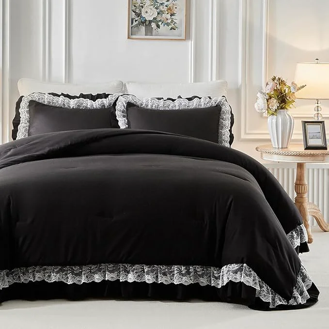 Crafted Joyreap Twin Size Comforter Set Black 3pcs Lace Ruffled Bedding Comforter Set Microfiber Vintage Gothic Boho Chic Bedding Set for All Season- 68×88 inches Luxury