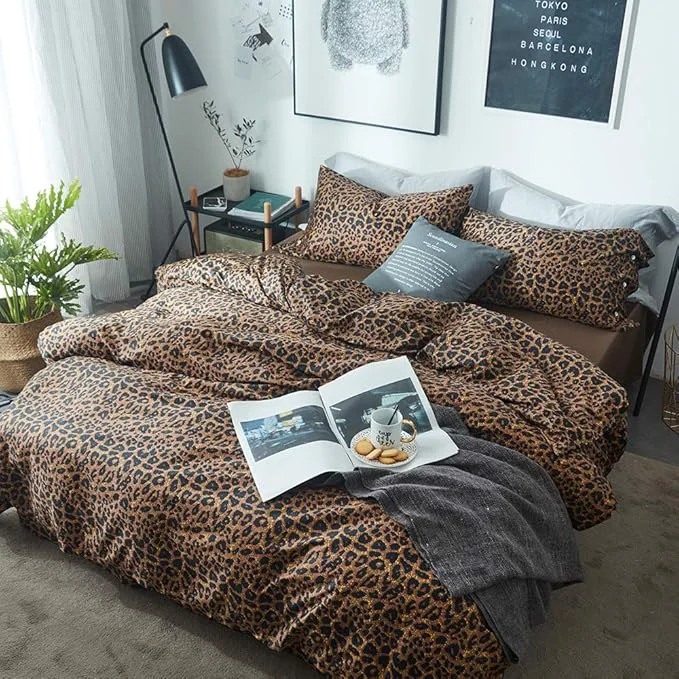 Excellent mixinni Leopard Print Duvet Cover King Size Long Staple Cotton Bedding Set with Zipper Closure Ties for Man and Woman Ultra Soft and Easy Care 3pcs King Size Organic