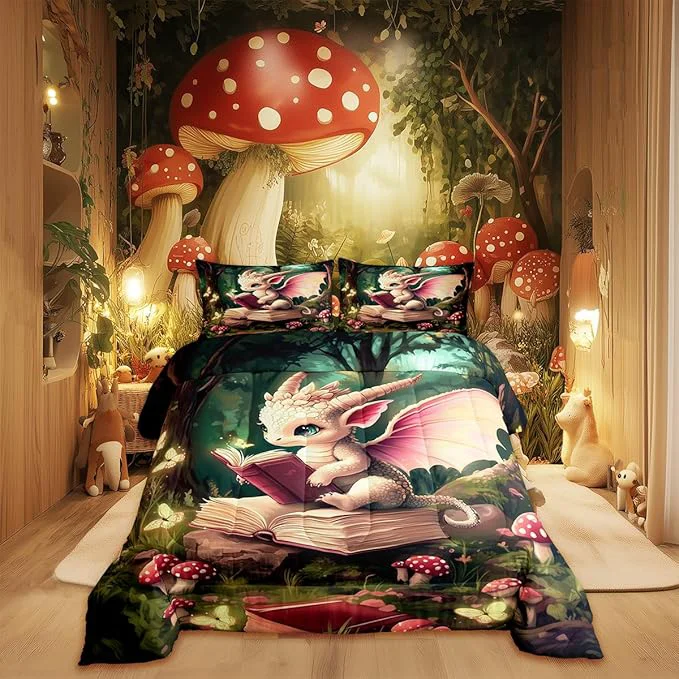 Clean al Dragon Wildlife Comforter Set King Size Childlike Fairy Tale Bedding Set Kids Bedroom Decor Cute Jungle Mushroom All Season Quilt Set Sparkling Butterfly Bedding Comforter Sets 3Pcs Convenient