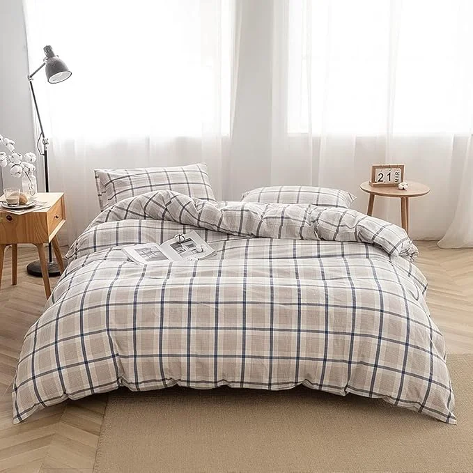 User-Friendly FACE TWO FACE Bedding Duvet Cover Set Washed Cotton Duvet Cover Linen Like Textured Breathable Durable Soft Comfy Twin Blue Grid Modern