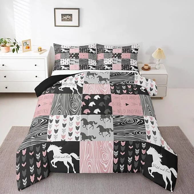 Exceptional Girls Unicorn Comforter Full Girly White Horse Bedding Western Cowboy Cowgirls Quilt Patchwork Buffalo Plaid Duvet Insert Arrow Stripes Wild Animal Soft Down Comforter 3Pcs Bedroom Decor Pink Black Genuine