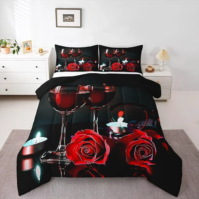 Powerful Erosebridal Rose Wine Glass Bedding Set for Girls Women 3D Red Rose Comforter Set Full Size French Eiffel Tower Bedding Floral Blossom Romantic Valentine 39 s Day Quilt Set Grey Black Quilted Comforter Luxury