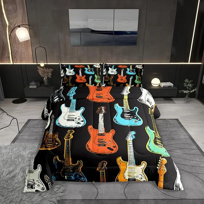 Breathable Castle Fairy Colorful Guitar Bedding Set Twin Size Musical Instruments Comforter for Child Toddler Teens Rock Bass Music Lover Down Comforter Sketch Style Guitar Duvet Insert with 1 Pillowcase Proven