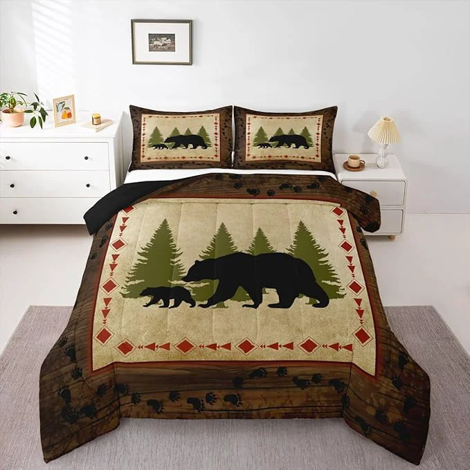 Organic Erosebridal Bear Comforter Set Twin Size Rustic Farmhouse Wildlife Bedding Wild Animals Quilt Country Cabin Lodge Decor Down Comforter Nature Woodland Bear Paw Print Duvet Insert Brown Green Premium