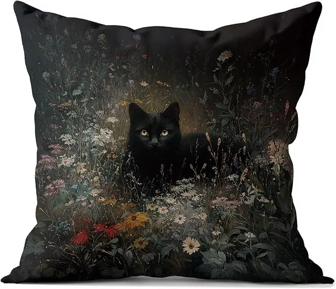 Modern Vintage Floral Black Cat Pillow Covers 18×18 cat Gifts for Women Dark Cottagecore Flower Decor Gothic Moody Black Kitten Pillowcase for Prayer Room，Aesthetic Black Cats Vintage Cats Decor Traditional