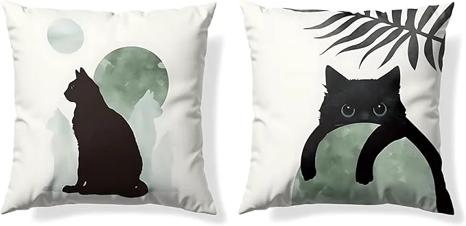 Smooth Sage Green Cat Throw Pillow Covers 18×18 Set of 2 for Cat Lovers Boho Black Cat Pillowcases Aesthetic Green and Black Decor for Dorm Bedroom Office 01 Artisan