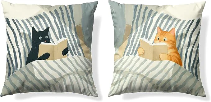 Durable Funny Cat Reader Book Throw Pillow Cover 18 x 18 Set of 2 Gifts for Book Lovers Reading Nook Corner Decor Preppy Floral Black Orange Tabby Tuxedo Cats Bookish Pillowcase（03） Contemporary