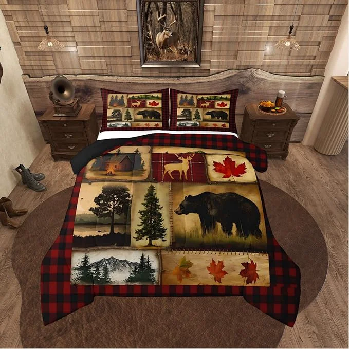 Trusted Erosebridal Rustic Comforter Set King Farmhouse Deer Bear Cabin Plaid Christmas Bedding Country Western Bedding Set Woodland RV Duvet Insert Maple Leaf Lodge Quilt Comforter Burgundy Red Brown Enhanced
