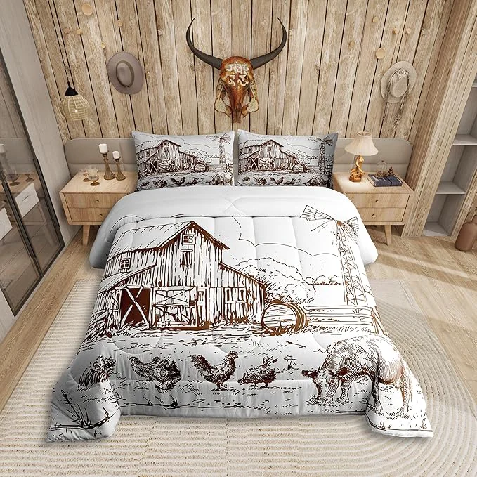Fine Crafted Windmill Comforter Set Full Rustic Barn Farmhouse Bedding Chick Cow Farm Animals Down Comforter Hand Drawn Illustration Bedding Comforters Countryside Rural Meadow Room Decor Duvet Set Taupe Selected