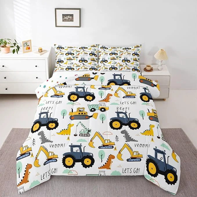 Effective Kids Excavator Comforter Set Full Cartoon Equipment Trucks Bedding for Boys Girls Children Dinosaur Duvet Insert Yellow Blue Construction Vehicle Down Comforter Tractor Quilt Set Bedroom Decor Modern