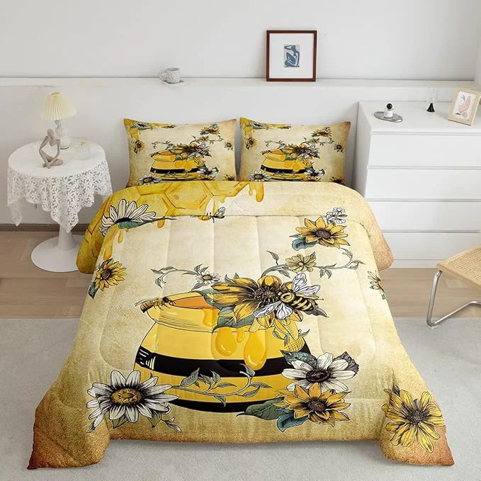 High-Quality Erosebridal Yellow Bee Bedding Set Sweet Honey Can Comforter Set for Teens Adult Women Gerbera Floral Duvet Set 3Pcs with 2 Pillow Cases Vintage Cartoon Microfiber Down Comforter Full Size Trusted