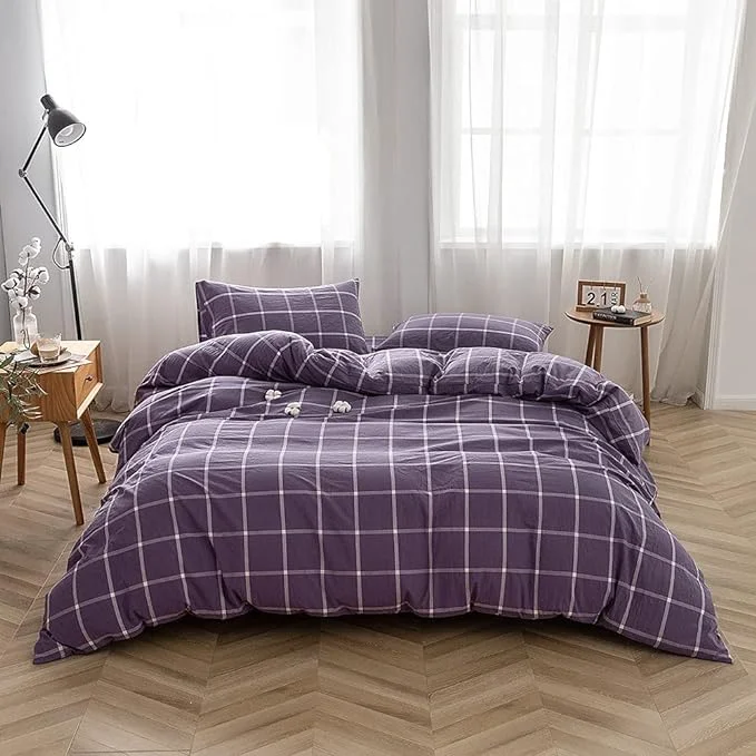 Sophisticated FACE TWO FACE Bedding Duvet Cover Set Washed Cotton Duvet Cover Linen Like Textured Breathable Durable Soft Comfy Full Purple Grid Organic