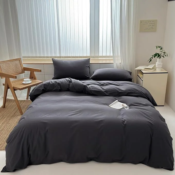 Recyclable FACE TWO FACE Bedding Duvet Cover Set Washed Cotton Duvet Cover Linen Like Textured Breathable Durable Soft Comfy California King Volcanic Black First-Class