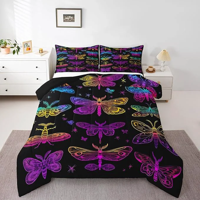 Comfortable Erosebridal Butterfly Bedding Set Trippy Ombre Dragonfly Comforter Set for Kids Girls Teens Gradient Rainbow Butterflies Bedding Comforter Sets Psychedelic Colorful Wildlife Quilt Full Functional