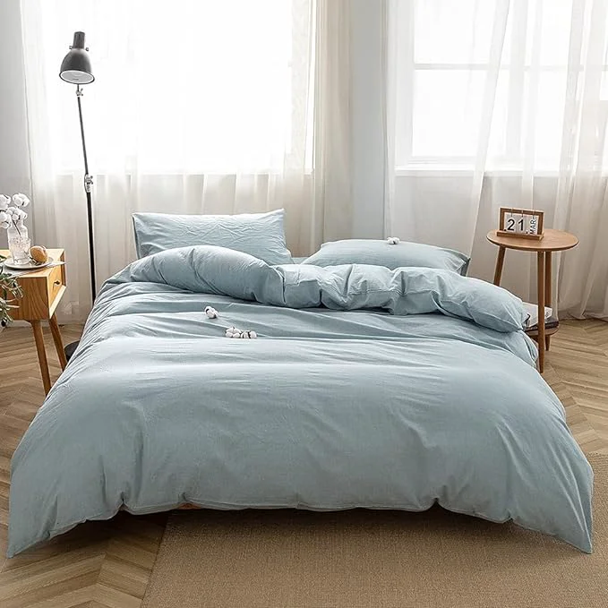 Easy-to-Use FACE TWO FACE Bedding Duvet Cover Set Washed Cotton Duvet Cover Linen Like Textured Breathable Durable Soft Comfy Full Light Blue Fast