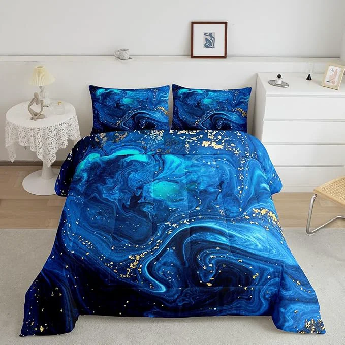 Crafted Erosebridal Stone Pattern Comforter Set Twin Ocean Blue Marble Bedding Set Trippy Fluid Liquid Down Comforter Gypsy Golden Glitter Pattern Quilt Set Blue Tie Dye Kids Comforter Sets Bedroom Decor Casual