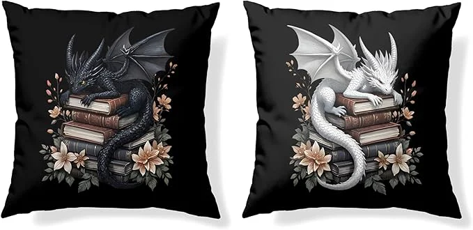 Elite Vintage al Black White Dragon Reading Book Decor Throw Pillow Covers 18×18 Set of 2 Fantasy Room Decor for Kids Gamers and Bookworms Reading Nook Decor Gifts for Bookworm Readers 78 Professional