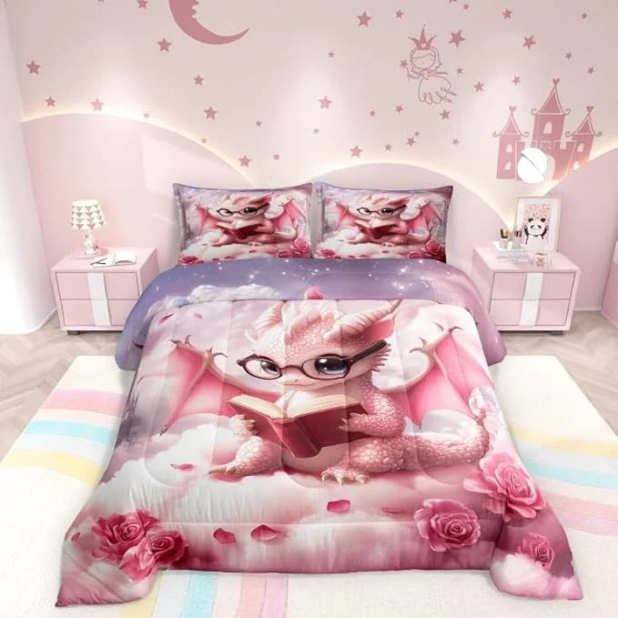 Comfortable Kawaii Dragon Comforter Set Twin Size for Kids Western al Animal Bedding Sets All Season Pink Rose Flower Castle Quilt Set Bedroom Decor Dreamy Gradient Sky Down Comforter 2Pcs Practical