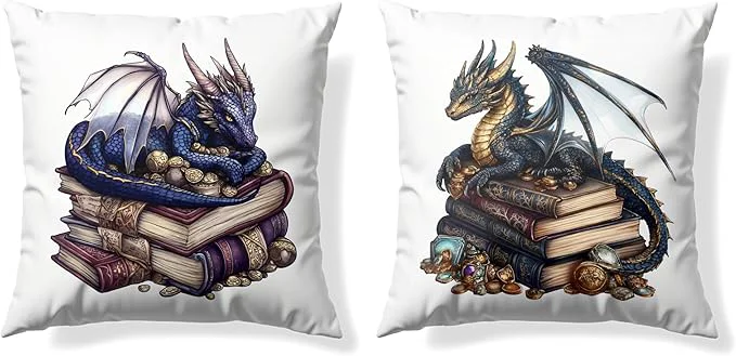 Elegant Vintage al Blue Dragon Reading Book Decorative Throw Pillow Covers 18×18 Set of 2 Fantasy Room Decor for Kids Gamers and Bookworms Reading Nook Decor Gifts for Bookworm Readers Authentic