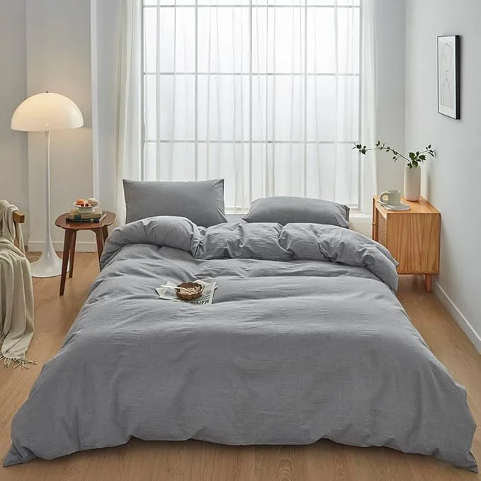Enhanced FACE TWO FACE Bedding Duvet Cover Set Washed Cotton Duvet Cover Linen Like Textured Breathable Durable Soft Comfy Queen Light Grey Top-Quality