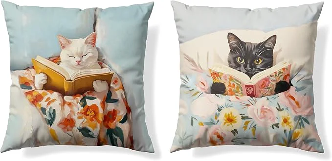 Practical Funny Cat Reader Book Pillow Cover 18 x 18 Set of 2 Reading Nook Corner Decor Gifts for Book Lovers Preppy Floral Black White Cats Bookish Pillowcase（001） Top-Quality