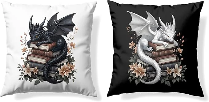 Artisan Vintage al Black White Dragon Reading Book Decor Throw Pillow Covers 18×18 Set of 2 Fantasy Room Decor for Kids Gamers and Bookworms Reading Nook Decor Gifts for Bookworm Readers 78 Specialty