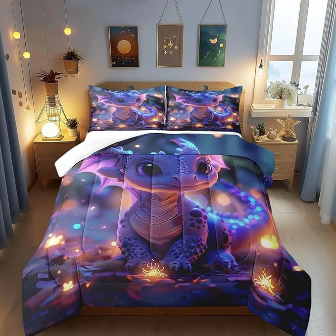 Genuine Castle Fairy Cute Dragon Bedding Set Twin Size Mysterious Jungle Comforter for Child Toddler Teens Kawaii Western Dragon Animal Down Comforter Glitter Plant Duvet Insert with 1 Pillowcase Secure