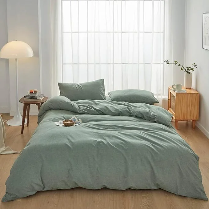 Fine Crafted FACE TWO FACE Bedding Duvet Cover Set Washed Cotton Duvet Cover Linen Like Textured Breathable Durable Soft Comfy Twin Reversible Green Contemporary