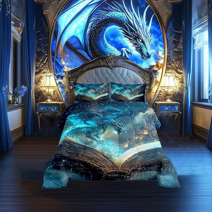 Efficient Flying Dragon Comforter Set King Size al Book Pattern Bedding Set Bedroom Decor Vintage Mid-Century Castle Quilt Set Comfortable Breathable Neon Burning Flame Duvet Insert 3Pcs Outstanding