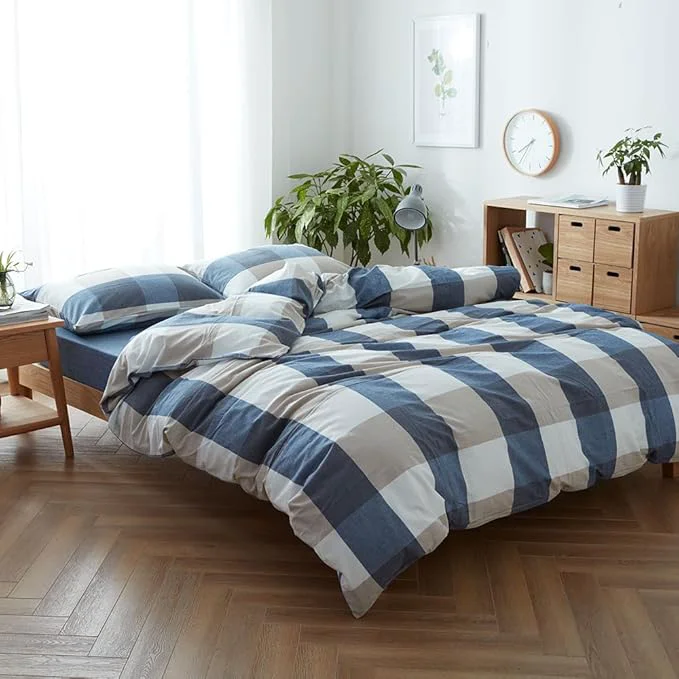 Secure FACE TWO FACE Bedding Duvet Cover Set Washed Cotton Duvet Cover Linen Like Textured Breathable Durable Soft Comfy Full Blue and White Grid Next-Generation