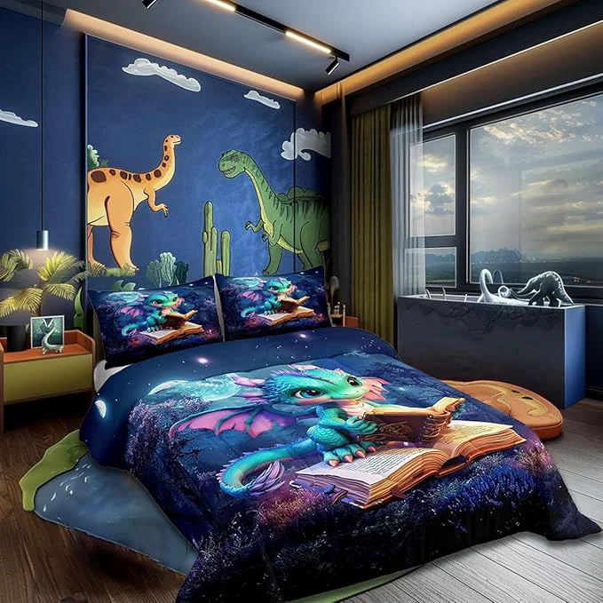 Top-Quality Cartoon Dragon Bedding Set Twin Size al Jungle Night Comforter Set Gift Dragons Lover Son Birthday Room Decor Cute Dragon Books Print Blanket Starry Moon Sky Quilt Set with 1 Pillowcase Minimalist