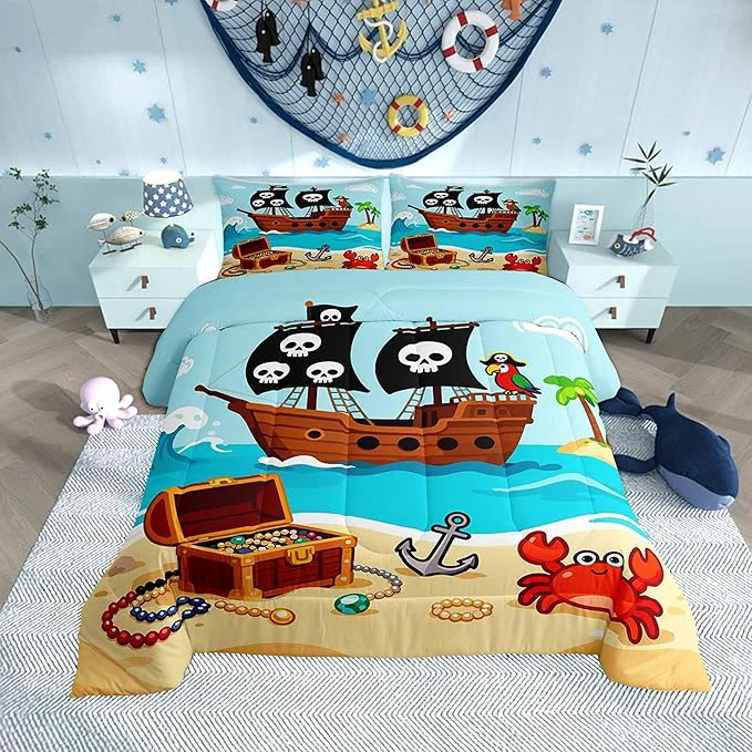 Modern Cartoon Pirate Ship Comforter Set Cartoon Parrot Crab Coastal Creature Bedding Sets for Kids Teens Adults Nautical Sailing Ocean Theme Quilted Comforter with 1 Pillowcase Toddler Size 2 Pcs Luxury