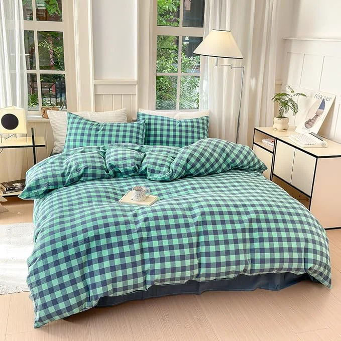 Enhanced FACE TWO FACE Bedding Duvet Cover Set Washed Cotton Duvet Cover Linen Like Textured Breathable Durable Soft Comfy Queen Blue Green Grid Eco-Friendly