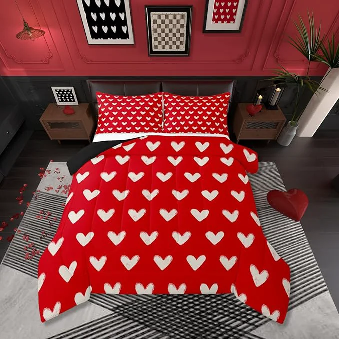 Next-Generation Red White Comforter Set Twin Size Cute Heart Pattern Bedding For Kids Boys Girls Valentine Day Gift Quilt Cartoon Love Geometric Duvet Insert Love Heart Soft Warm Bedding Sets Bedroom Decor 2Pcs Luxury