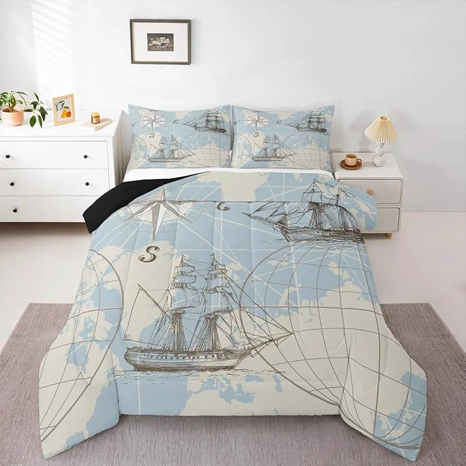 Fast Erosebridal Nautical Comforter Set King Vinatge Sailboat Bedding Set Room Decor White Blue World Map Sketch Down Comforter Retro Anchor Compass Quilt Set Yacht Ship Bedding Comforter Sets 3Pcs Advanced