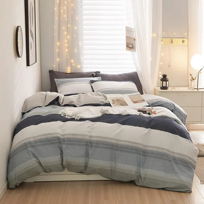 Functional LifeTB Cotton Striped Duvet Cover Set Queen White Blue Gray Stripes Pattern Comforter Cover Geometric Striped Bedding Set Modern Soft Geometric Print Duvet Cover for Men Boys Farmhouse Bedding Set Convenient