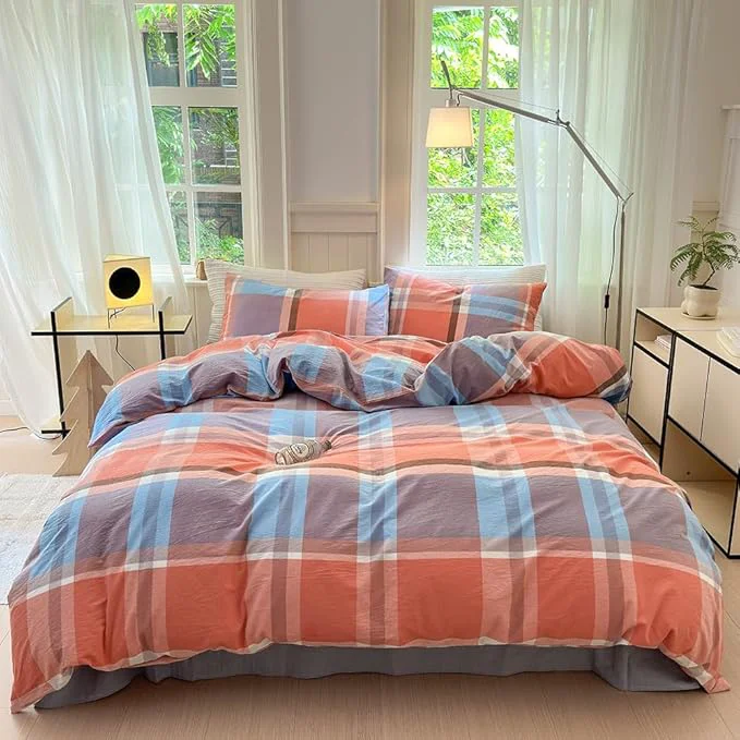 Certified FACE TWO FACE Bedding Duvet Cover Set Washed Cotton Duvet Cover Linen Like Textured Breathable Durable Soft Comfy Full Time Blue Effective