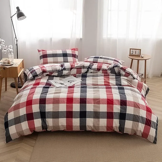 High-Quality FACE TWO FACE Bedding Duvet Cover Set Washed Cotton Duvet Cover Linen Like Textured Breathable Durable Soft Comfy Twin Blue red Grid User-Friendly