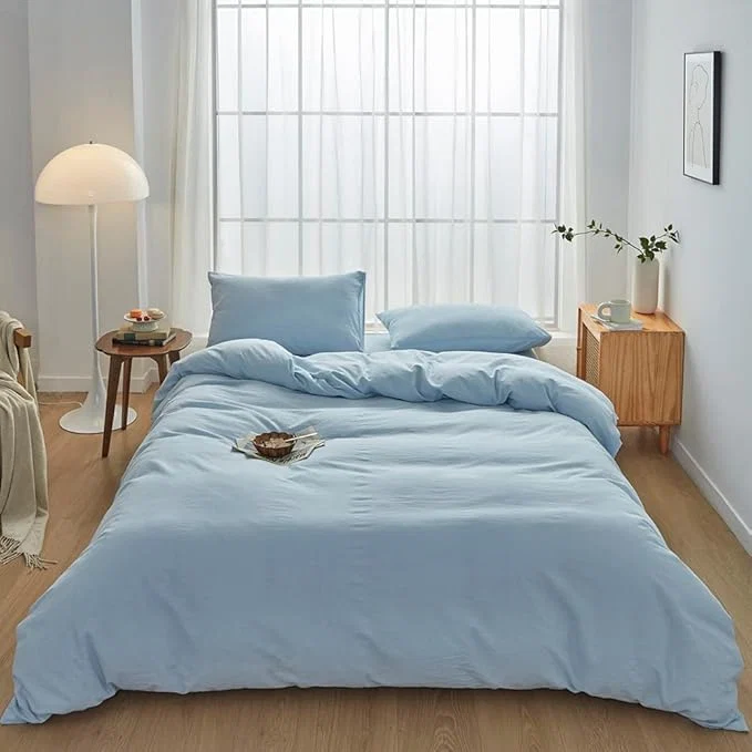 Detailed FACE TWO FACE Bedding Duvet Cover Set Washed Cotton Duvet Cover Linen Like Textured Breathable Durable Soft Comfy California King Light Cyan Innovative