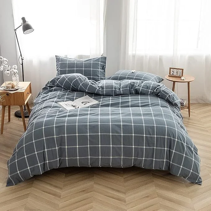 Practical FACE TWO FACE Bedding Duvet Cover Set 3 Pieces Washed Cotton Duvet Cover Linen Like Textured Breathable Durable Soft Comfy King Grey Green Grid High-Grade