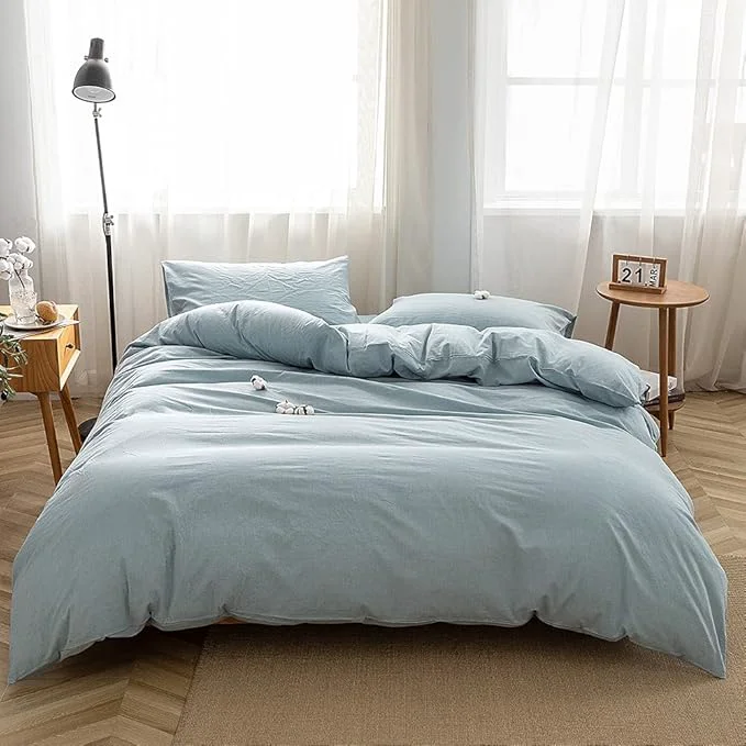 Lightweight FACE TWO FACE Bedding Duvet Cover Set Washed Cotton Duvet Cover Linen Like Textured Breathable Durable Soft Comfy Queen Light Blue Reusable
