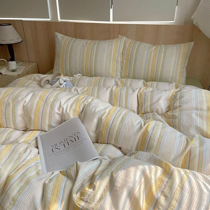 Green LifeTB Yellow Striped Duvet Cover Set Queen Washed Cotton Multicolor Stripes Pattern Printed Comforter Cover 3 Pieces Farmhouse Striped Bedding Set Breathable Duvet Cover Queen Size Secure