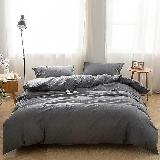 High-Performance FACE TWO FACE Bedding Duvet Cover Set Washed Cotton Duvet Cover Linen Like Textured Breathable Durable Soft Comfy Full Gray Consistent