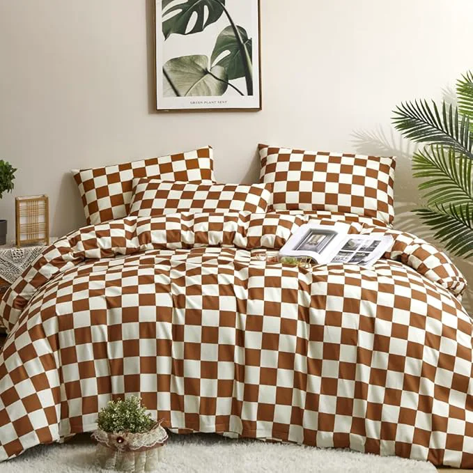 Dependable CLOTHKNOW Brown Plaid Full Size Comforter Set 3Pcs Grid Bedding Comforter Sets Soft Checker Comforter with 2 x Pillow Cases Soft Lightweight Crafted