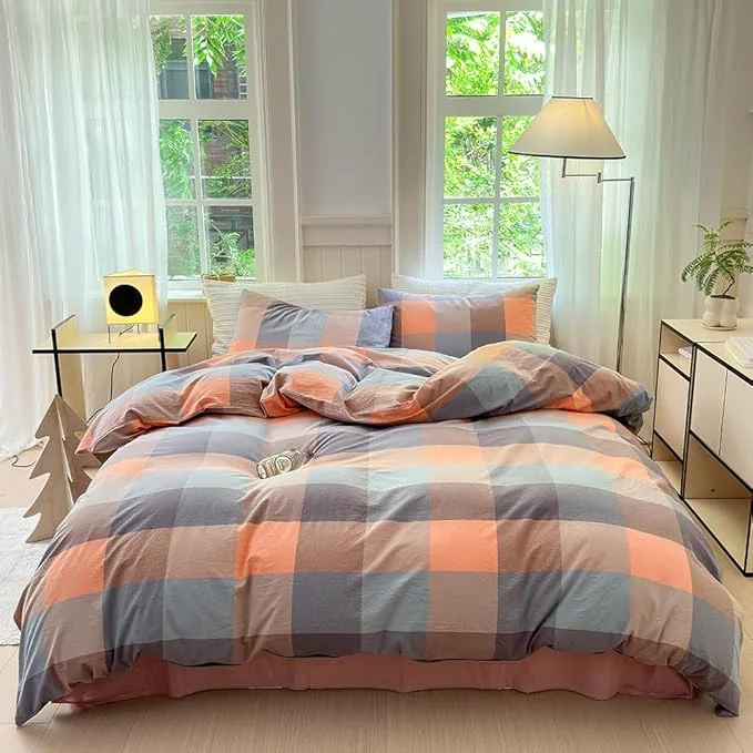 Original FACE TWO FACE Bedding Duvet Cover Set Washed Cotton Duvet Cover Linen Like Textured Breathable Durable Soft Comfy California King Cookie Powder Grid Stylish
