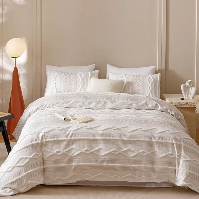 Stylish CLOTHKNOW Ivory Bohemian Queen Comforter Set Jacquard Stripes Bedding Comforter Sets Farmhouse White Comforters with 2 x Pillow Cases Breathable