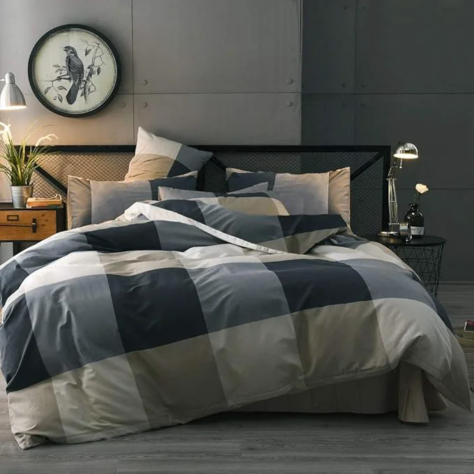 Contemporary Reversible Cotton Plaid Bedding Set King Modern Soft Grid Checkered Duvet Cover Set Hotel Quality Luxury Bedding Collection 3 Piece Men Boys Comforter Cover Set with 2 Pillowcases NO Comforter Classic